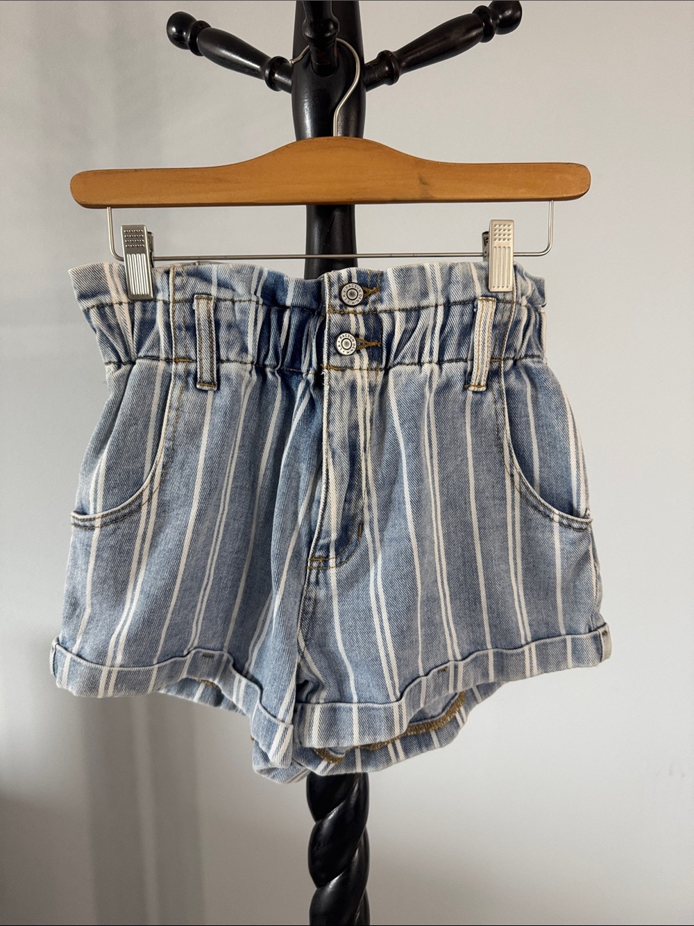 Striped Paperbag Waist Denim Shorts - Blue